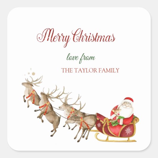 水彩トナカイSanta Clausそりのクリスマス スクエアシール (正面)