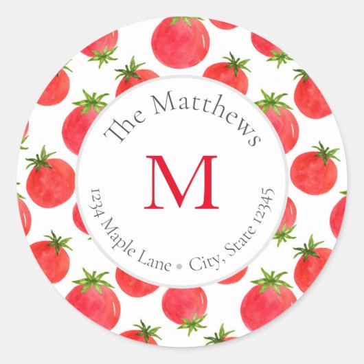 水彩トマトのパターンラベル ラウンドシール (正面)