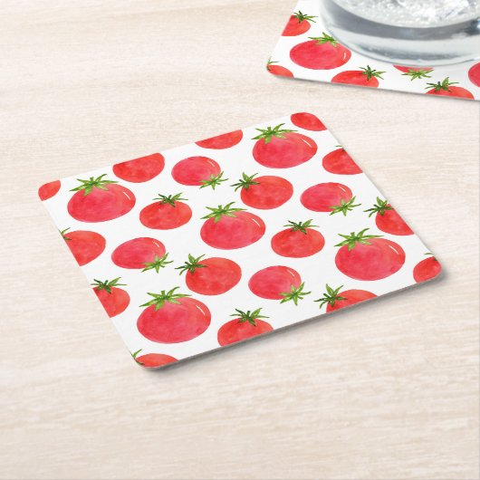 水彩トマト模様 スクエアペーパーコースター (アングル)