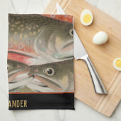 水彩トラウト柄フィッシャーマンシェフ調理師 キッチンタオル (四つ折り)