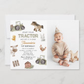 水彩トラクター 1歳誕生日写真 招待状 (正面)