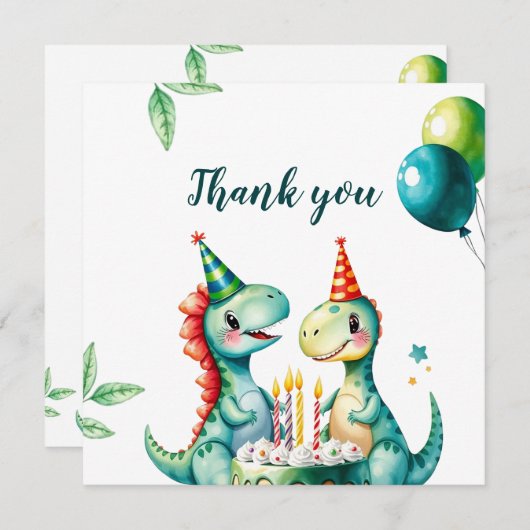 水彩トレックスカラフル恐竜の最初の誕生日 サンキューカード (正面/裏面)