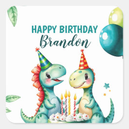 水彩トレックスカラフル恐竜の最初の誕生日 スクエアシール