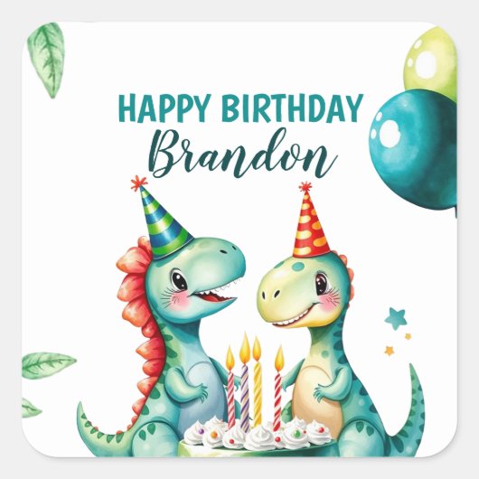 水彩トレックスカラフル恐竜の最初の誕生日 スクエアシール (正面)