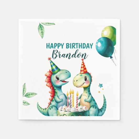 水彩トレックスカラフル恐竜の最初の誕生日 スタンダードカクテルナプキン (正面)