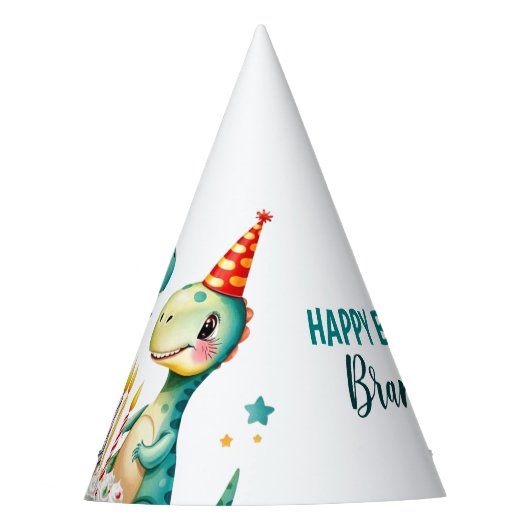 水彩トレックスカラフル恐竜の最初の誕生日 パーティーハット (正面)