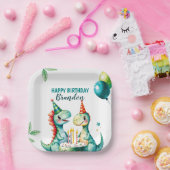 水彩トレックスカラフル恐竜の最初の誕生日 ペーパープレート (パーティー)