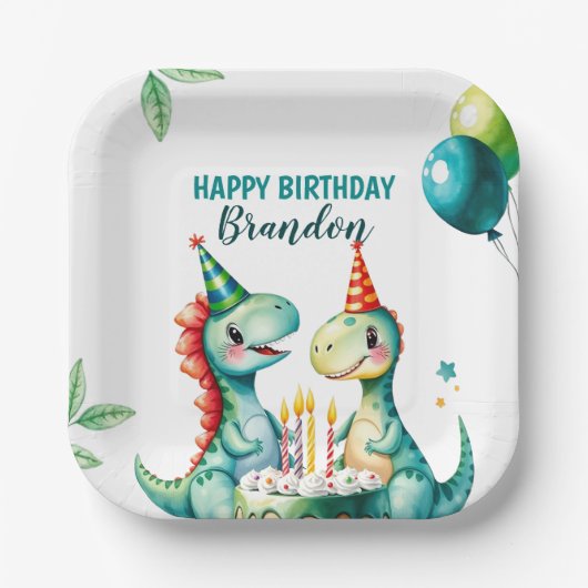 水彩トレックスカラフル恐竜の最初の誕生日 ペーパープレート (正面)