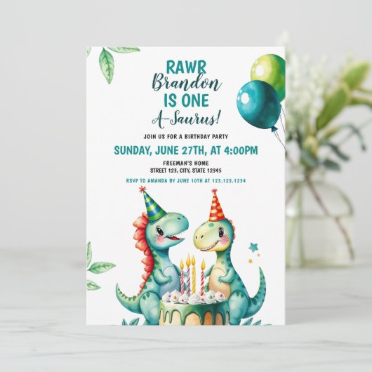 水彩トレックスカラフル恐竜の最初の誕生日 招待状 (スタンド正面)
