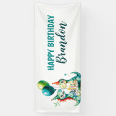 水彩トレックスカラフル恐竜の最初の誕生日 横断幕 (縦)