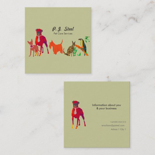 水彩トレンディーかわいい動物ペット犬猫 スクエア名刺 (正面/裏面)