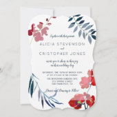 水彩トレンディーレッドとネイビーフローラ結婚ズ 招待状 (正面)