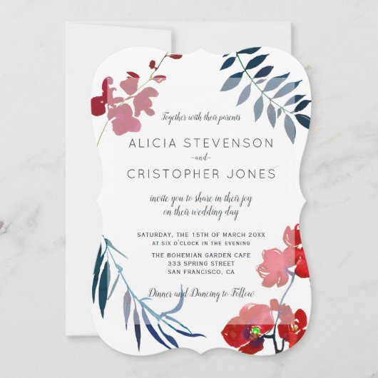水彩トレンディーレッドとネイビーフローラ結婚ズ 招待状 (正面)
