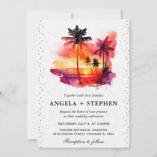 水彩トロピカルアイランドサンセット結婚ズ 招待状 (正面)