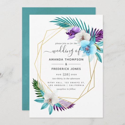 水彩トロピカルオーキッド幾何学ウェディング 招待状 (正面/裏面)