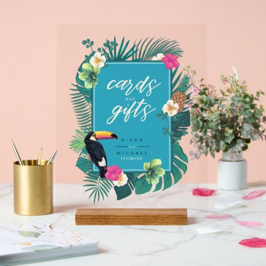 水彩トロピカルカード&ギフトティール(緑がかった色)ID577 アクリルサイン (ウェディング)