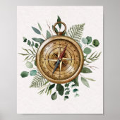 水彩トロピカルグリーン離れ自然コンパス ポスター (正面)