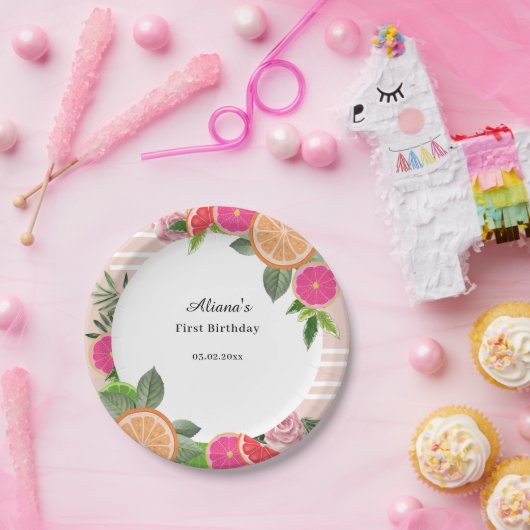 水彩トロピカルシトラスミニマル誕生日 ペーパープレート (パーティー)