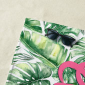 水彩トロピカルパームリーフピンクネームカスタム ビーチタオル (インサイチュ)