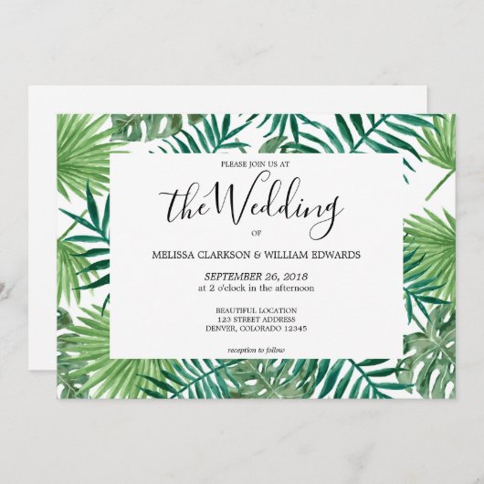 水彩トロピカルパーム葉結婚式招待状 セーブザデート (正面/裏面)