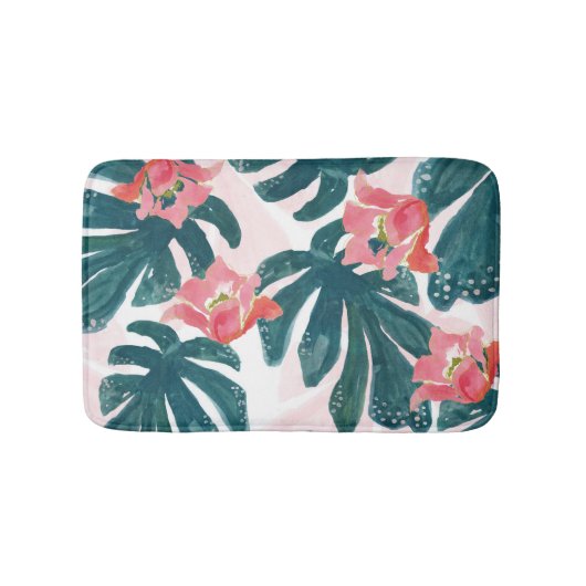 水彩トロピカルパーム、ハワイアンヒビスカス バスマット (正面)