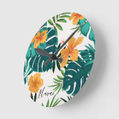 水彩トロピカルパーム,ハワイアンヒビスクス ラウンド壁時計 (傾斜)