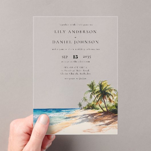 水彩トロピカルビーチでの目的地ウェディング アクリル招待状 (インサイチュ (ポータブル))