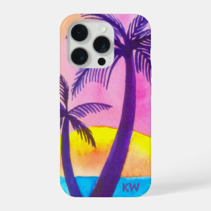 水彩トロピカルビーチサンセットフォンケース iPhone 15 PROケース