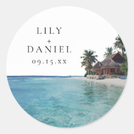 水彩トロピカルビーチデスティネーションウェディング ラウンドシール