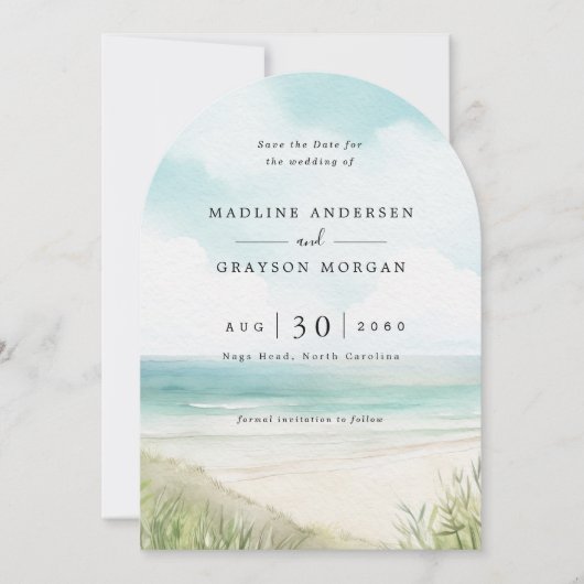 水彩トロピカルビーチフォト セーブザデート 招待状 (正面)