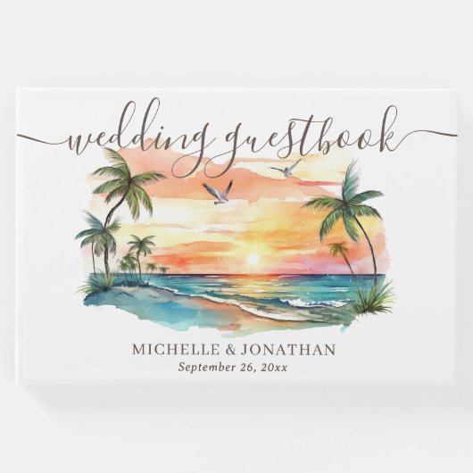 水彩トロピカルビーチ結婚サンセット ゲストブック (正面)