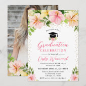 水彩トロピカルピンクの花 卒業 招待状 (正面/裏面)