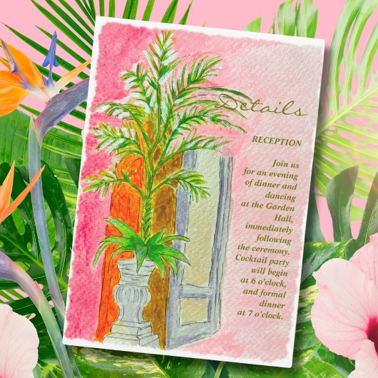 水彩トロピカルピンク結婚の詳細カード サンキューカード