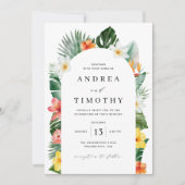 水彩トロピカルフラワーグリーンウェディングアーチ 招待状 (正面)