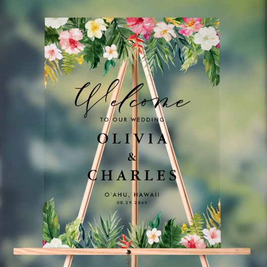 水彩トロピカルフラワーズサマー結婚ズウェルカム アクリルサイン (ニュートラル)