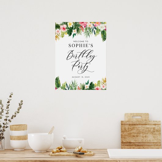 水彩トロピカルフラワーズバースデーパーティーへようこそ ポスター (キッチン)