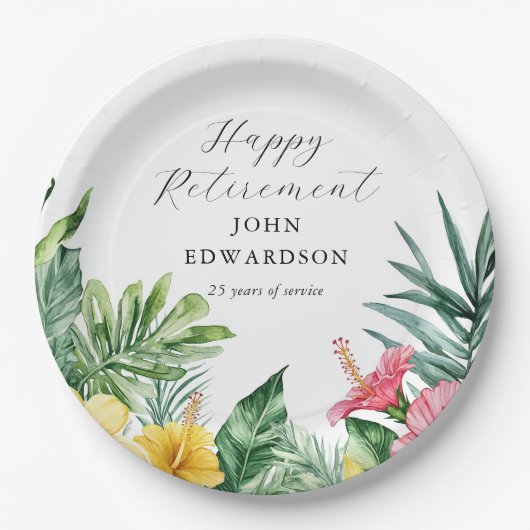 水彩トロピカルフラワーズリタイアメントパーティー ペーパープレート (正面)
