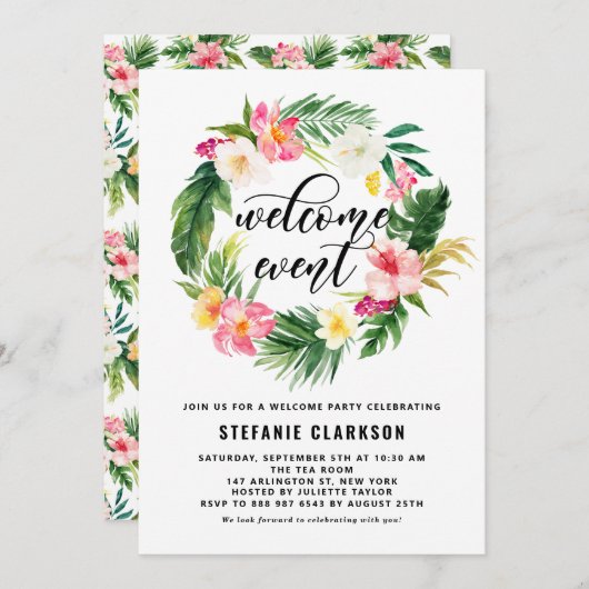 水彩トロピカルフラワーズリースウェルカムイベント 招待状 (正面/裏面)