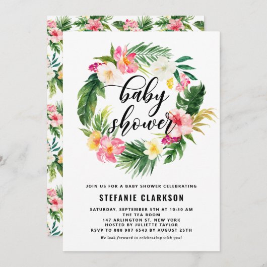 水彩トロピカルフラワーズリースベビーシャワー 招待状 (正面/裏面)