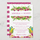 水彩トロピカルフラワーズ&結婚パロット 招待状 (正面/裏面)