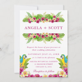 水彩トロピカルフラワーズ&結婚パロット 招待状
