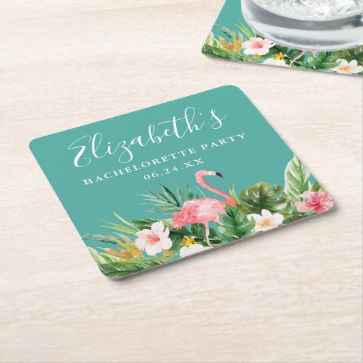 水彩トロピカルフラワーバチェロレッテパーティー スクエアペーパーコースター (アングル)