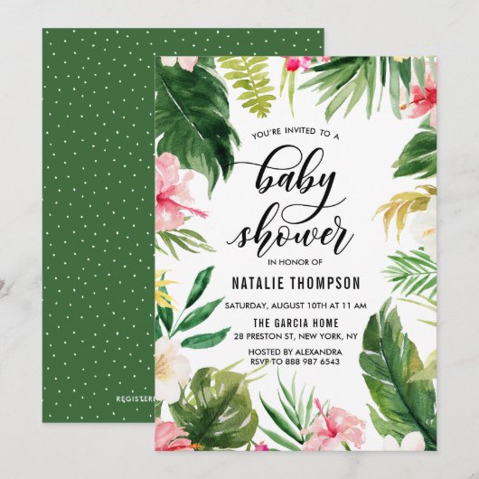 水彩トロピカルフラワーフレームベイビーシャワー 招待状 (正面/裏面)