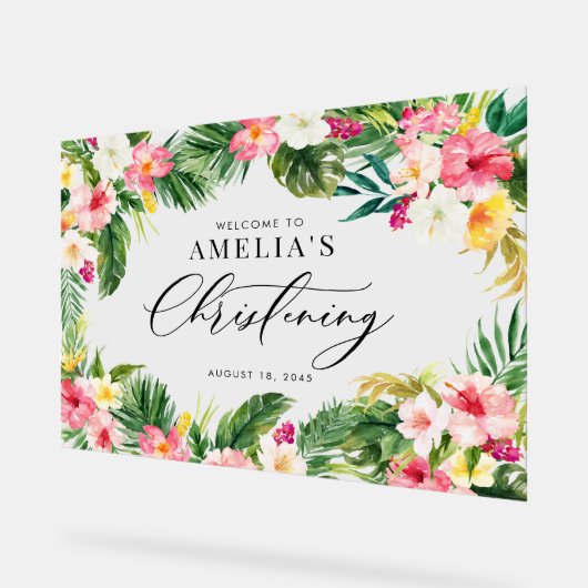 水彩トロピカルフラワーフレーム《キリスト教》洗礼式や命名式 アクリルサイン (傾斜)