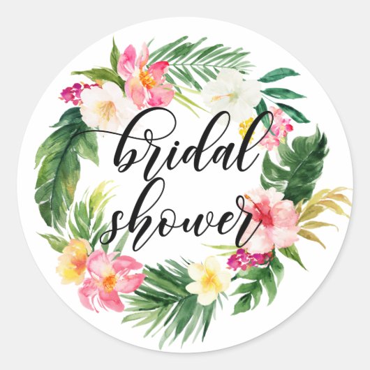 水彩トロピカルフラワーリース ブライダルシャワー ラウンドシール (正面)