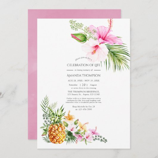 水彩トロピカルフラワー人生のお祝い 招待状 (正面/裏面)