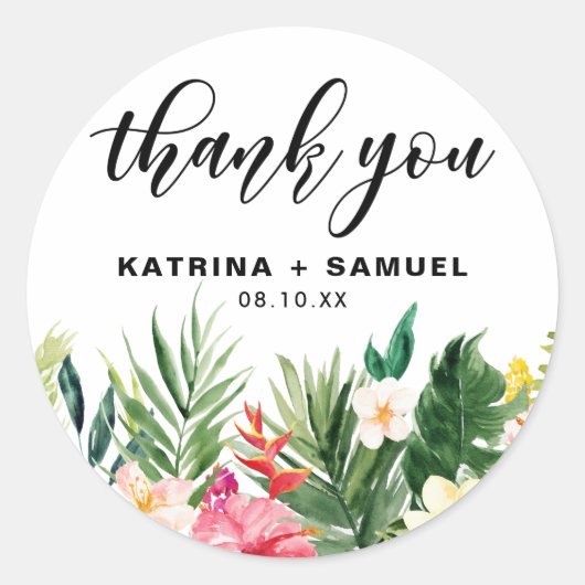水彩トロピカルフラワー結婚ズサンキュー ラウンドシール (正面)