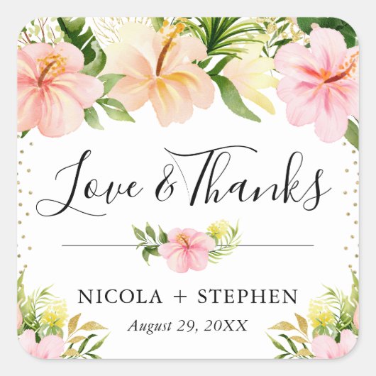水彩トロピカルフラワー結婚ズ スクエアシール (正面)