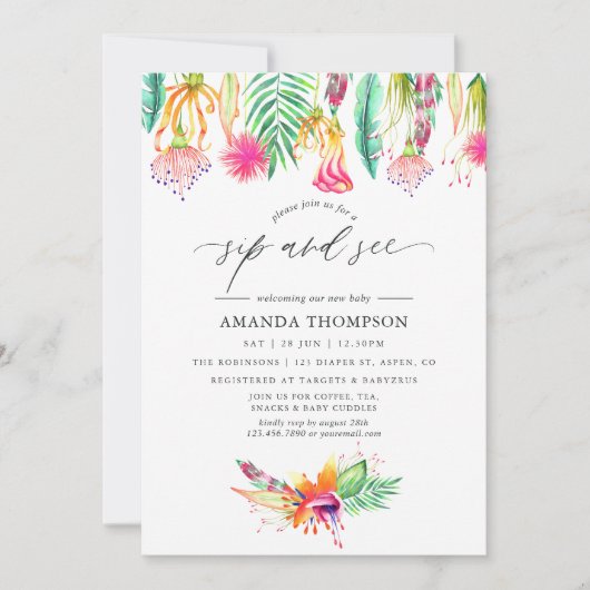 水彩トロピカルフラワー シップアンドシー 招待状 (正面)
