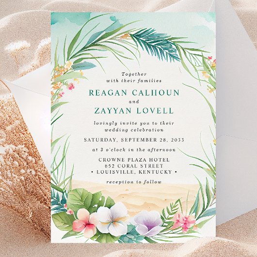 水彩トロピカルフラワー ビーチ フォリアージュ ウェディング 招待状